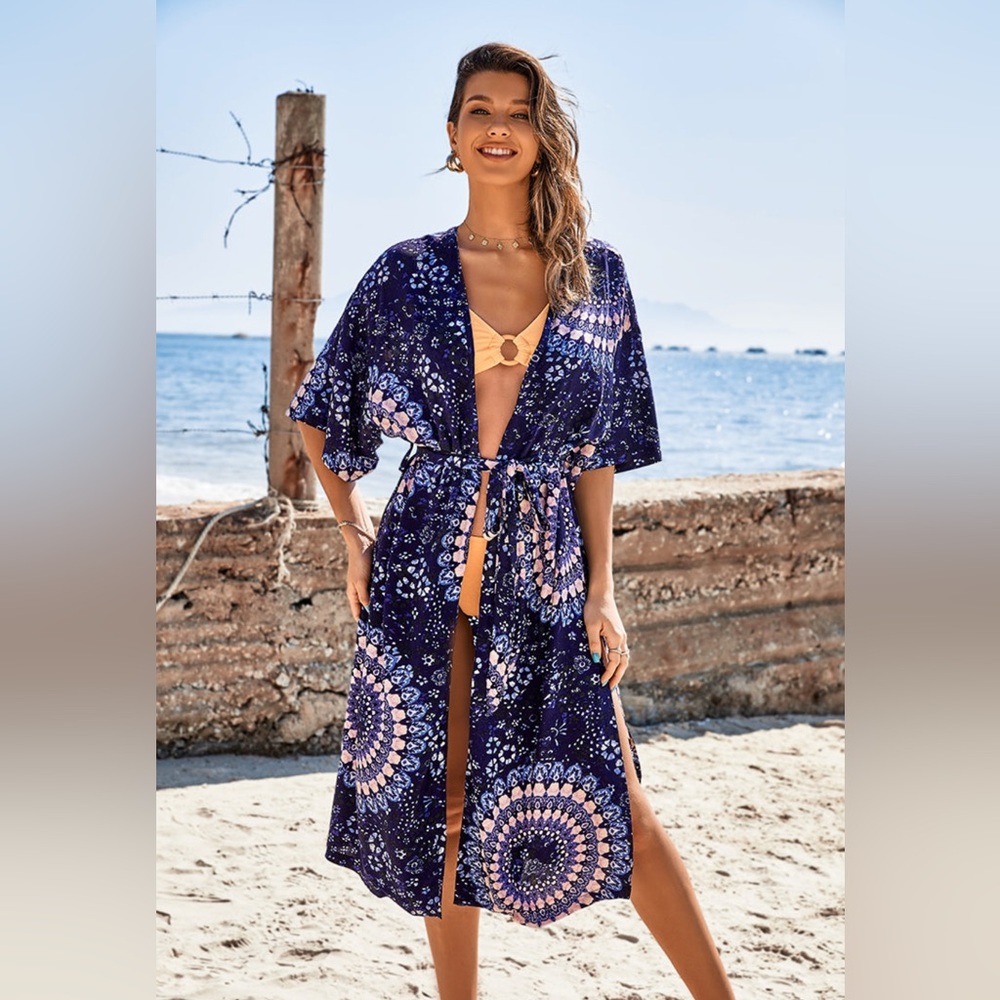 NWT CUPSHE Lucky Bay Tea Length Open Front Half Sleeve Kimono Cover Up